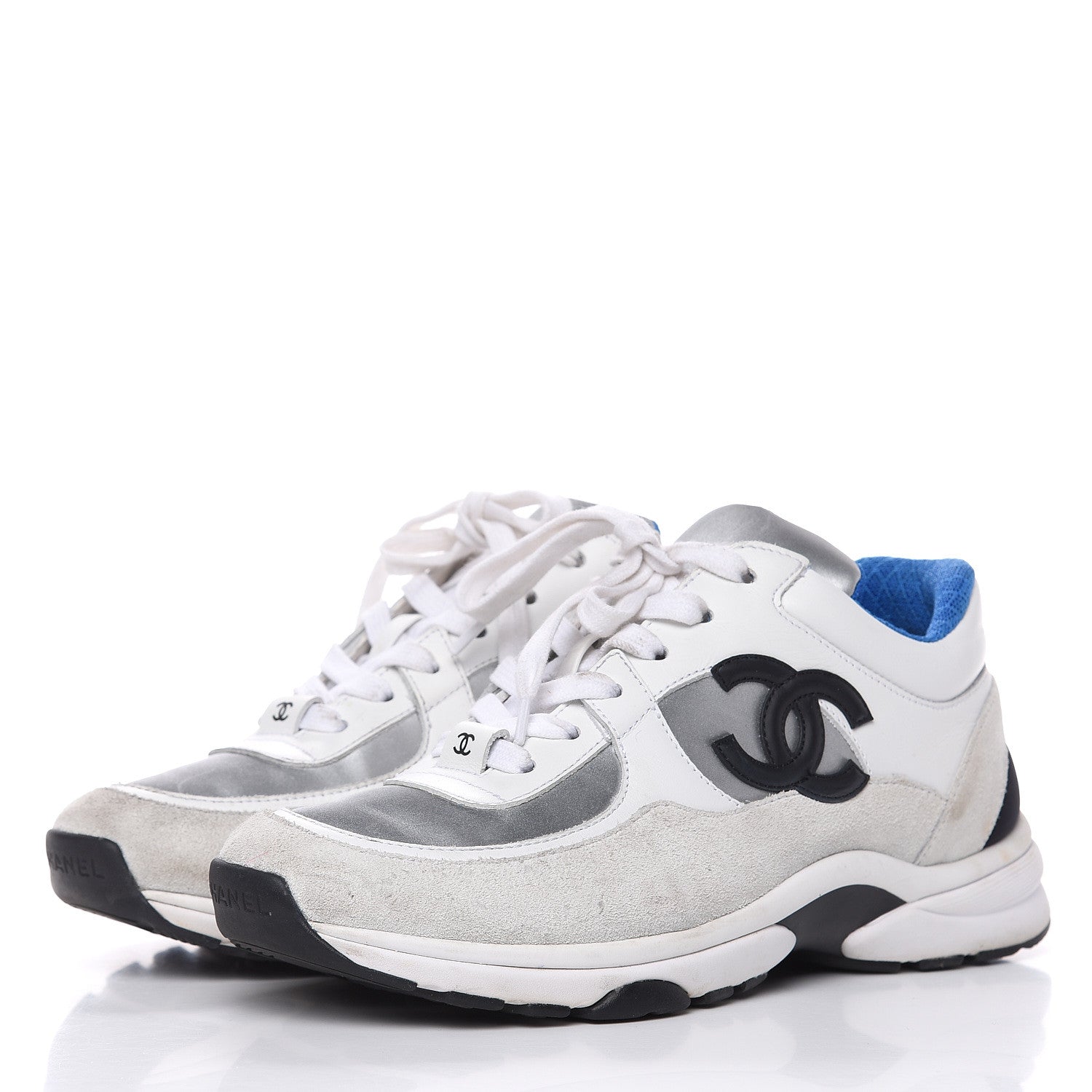 Chanel Suede Calfskin Womens CC Sneakers 37 White Silver Blue 3 of 12