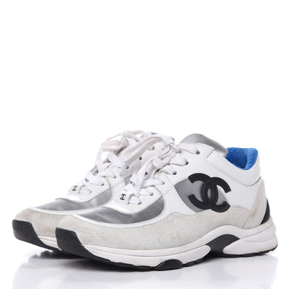 Chanel Suede Calfskin Womens CC Sneakers 37 White Silver Blue 3 of 12