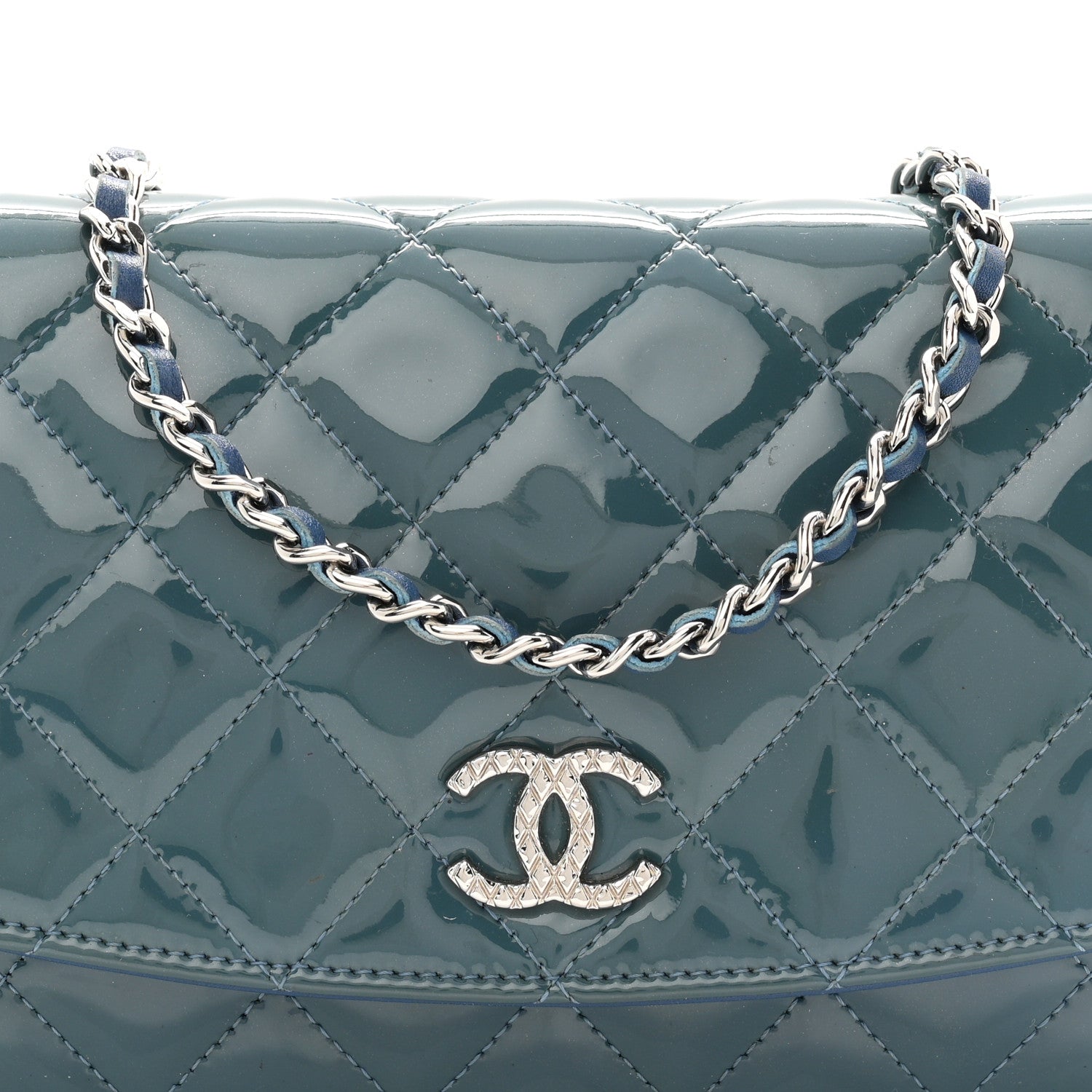 Chanel Patent Quilted Brilliant Wallet On Chain WOC Blue 9 of 12