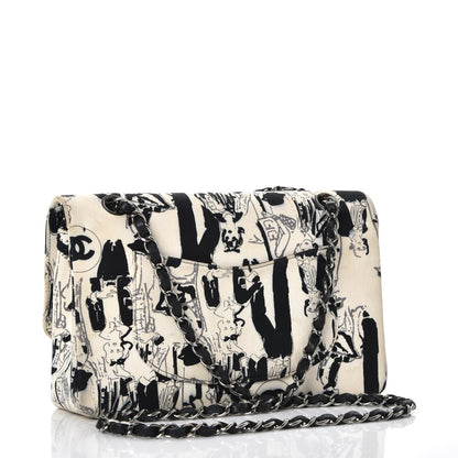 Chanel Canvas Printed Medium Double Flap Black White 4 of 17