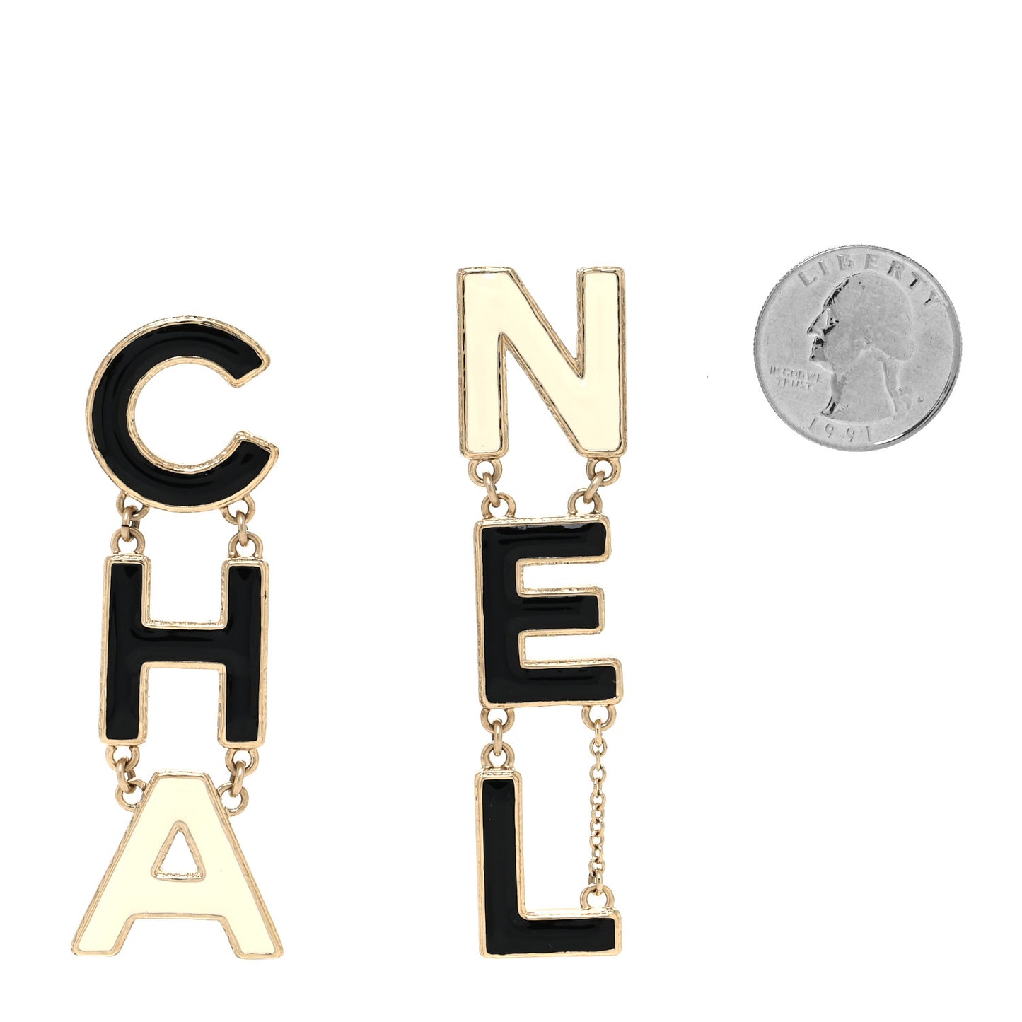 Metal Enamel Cha-Nel Logo Drop Earrings Black White