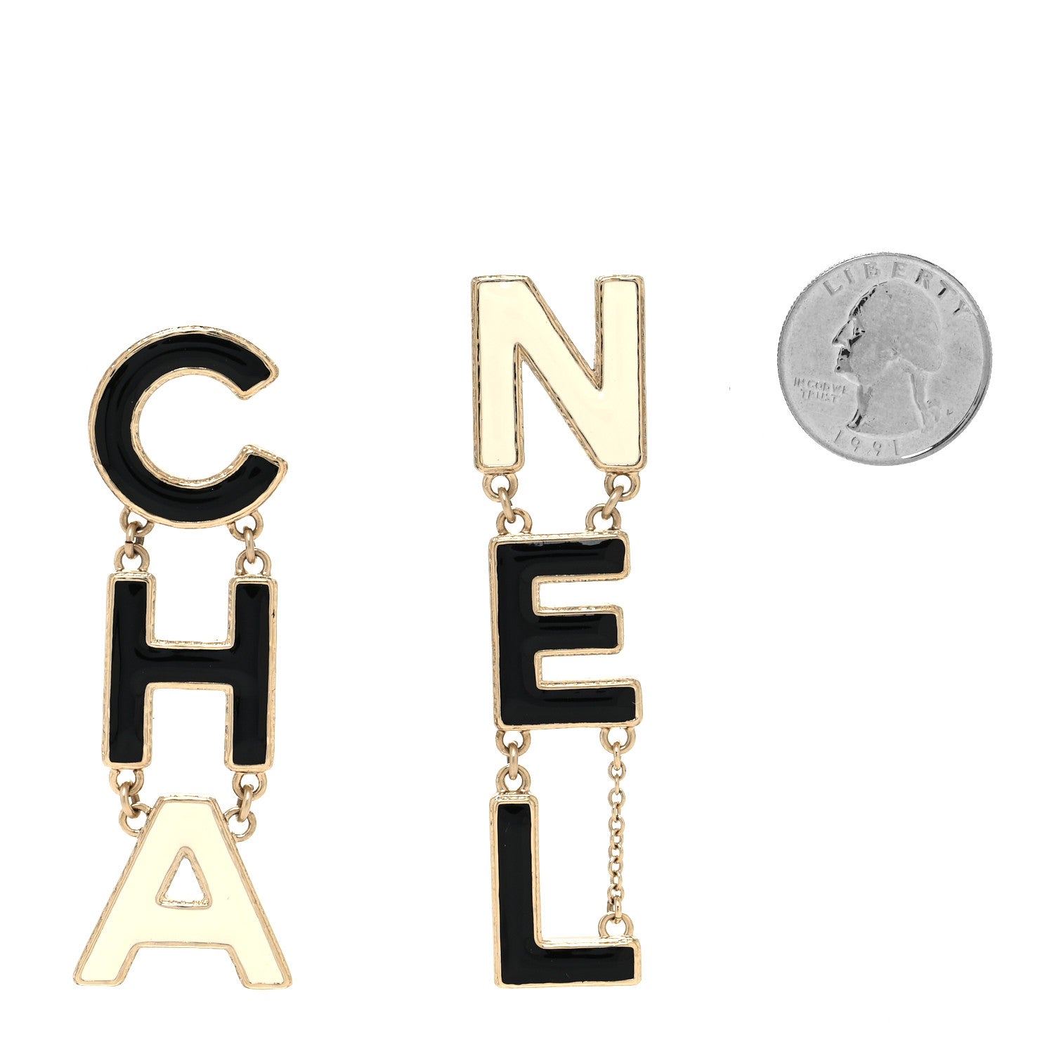 Chanel Metal Enamel Cha-Nel Logo Drop Earrings Black White 2 of 4