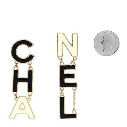 Chanel Metal Enamel Cha-Nel Logo Drop Earrings Black White 2 of 4