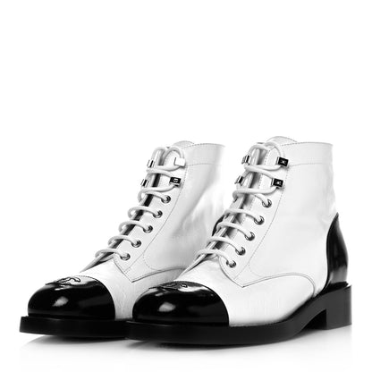 Chanel Distressed Patent Cap Toe Combat Boots 39.5 White Black 3 of 8