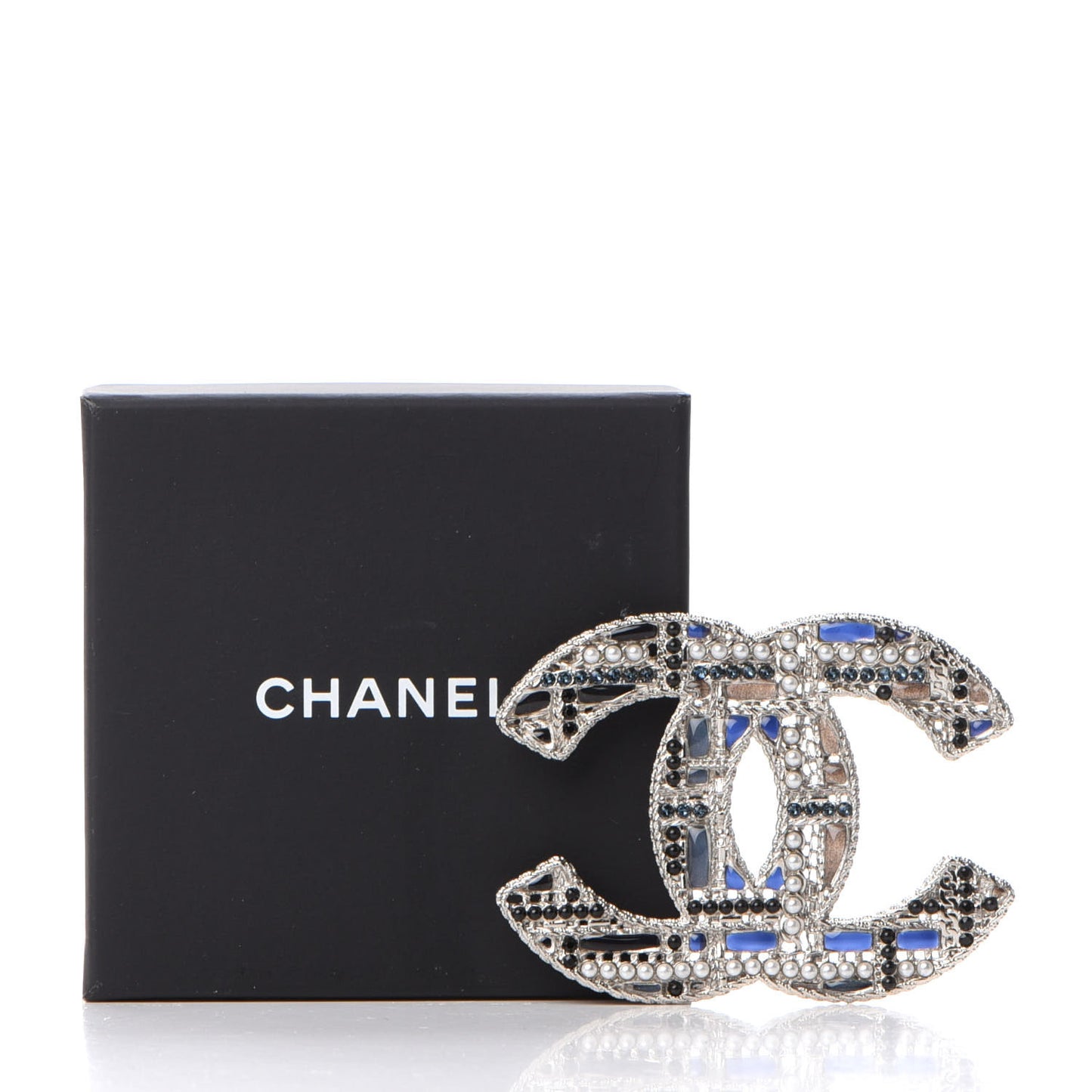 Crystal Pearl CC Tweed Brooch Silver Black