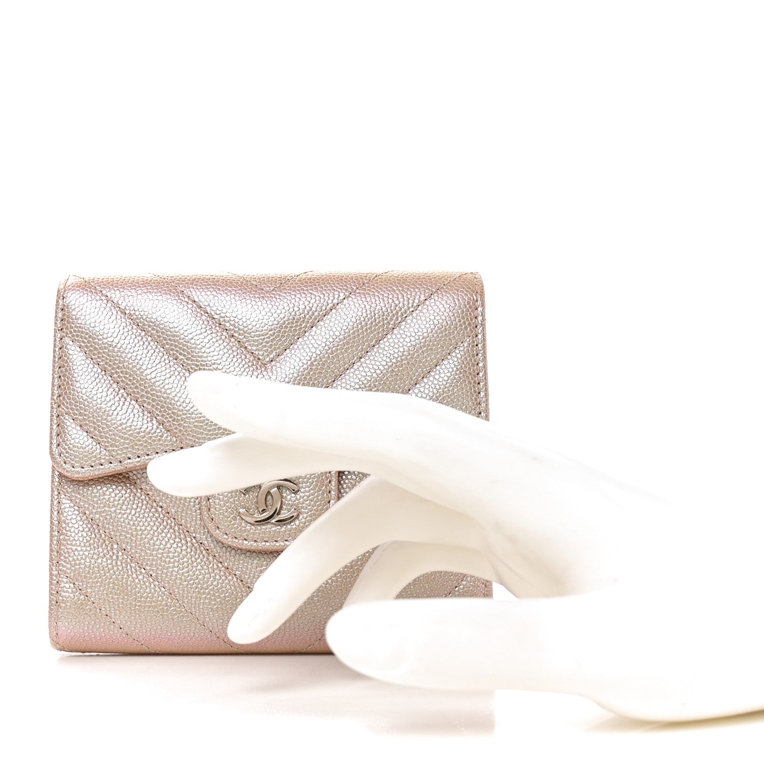 Chanel Metallic Caviar Chevron Quilted Compact Flap Wallet Light Gold 2 of 7