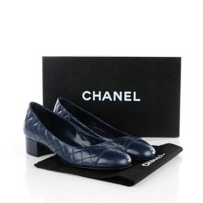 Chanel Lambskin Quilted CC Cap Toe Low Heel Ballerina Pumps 35 Navy Blue 5 of 9