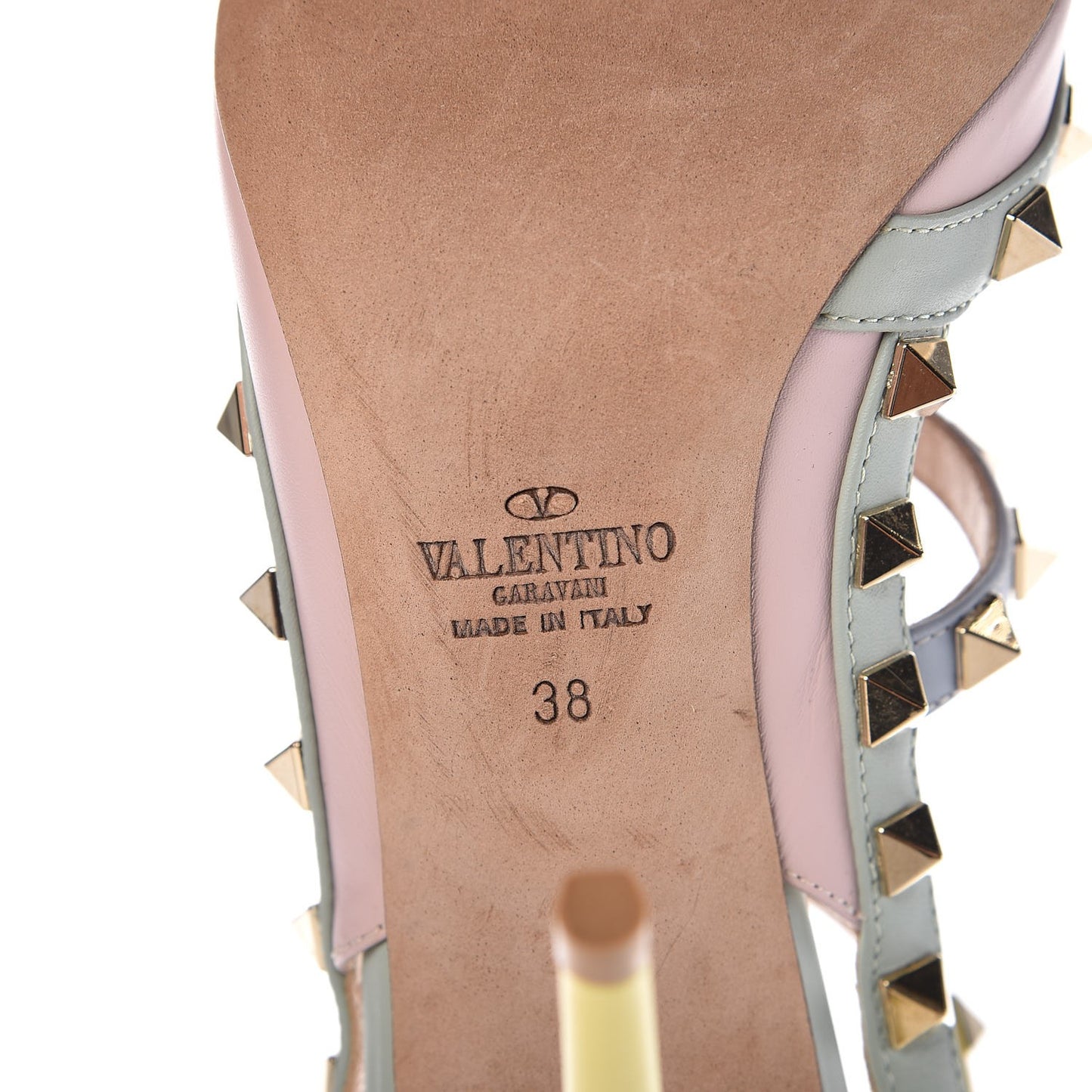 Nappa Watercolor Rockstud Ankle Strap 100mm Pumps 38 Rose Green Yellow Sky