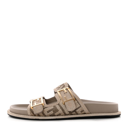 Fendi Chenille Fabric Jacquard Suede FF Womens Fendi Feel Buckled Slide Sandals 40 Tortora Nuvola Rock 1 of 11