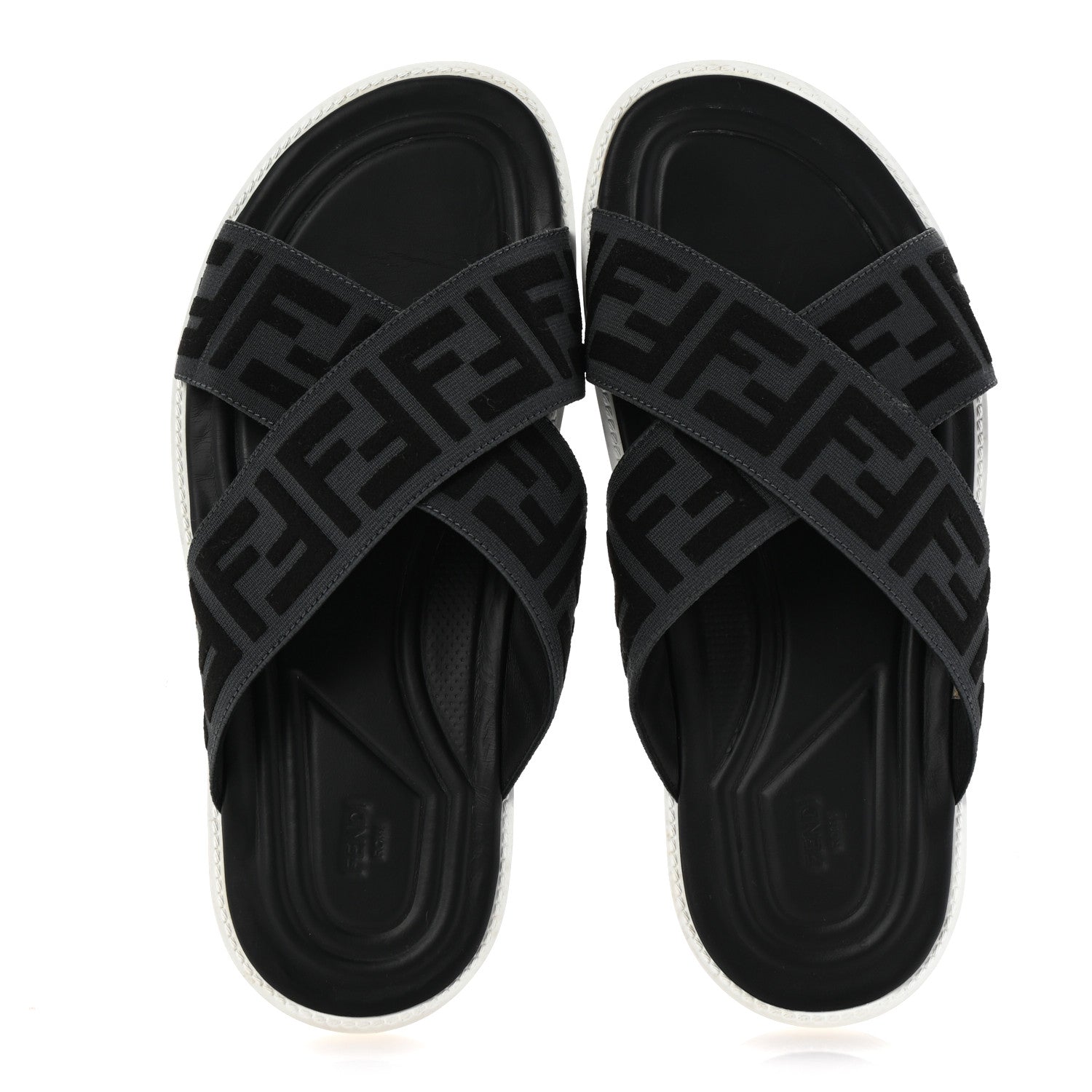 Fendi Fabric Rubber Macro FF Embroidered Mens Crisscross Slide Sandals 8 Asfalto Black 2 of 8