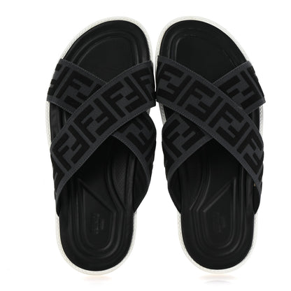Fendi Fabric Rubber Macro FF Embroidered Mens Crisscross Slide Sandals 8 Asfalto Black 2 of 8