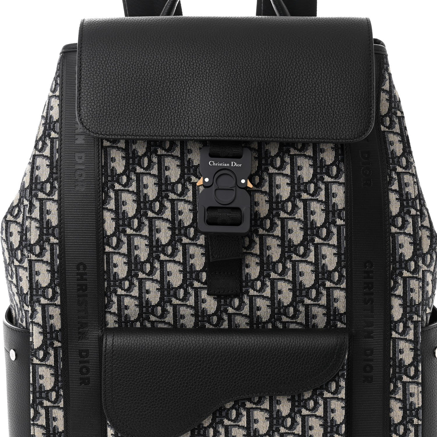 Christian Dior Oblique Jacquard Grained Calfskin Saddle Backpack With Flap Beige Black 8 of 10