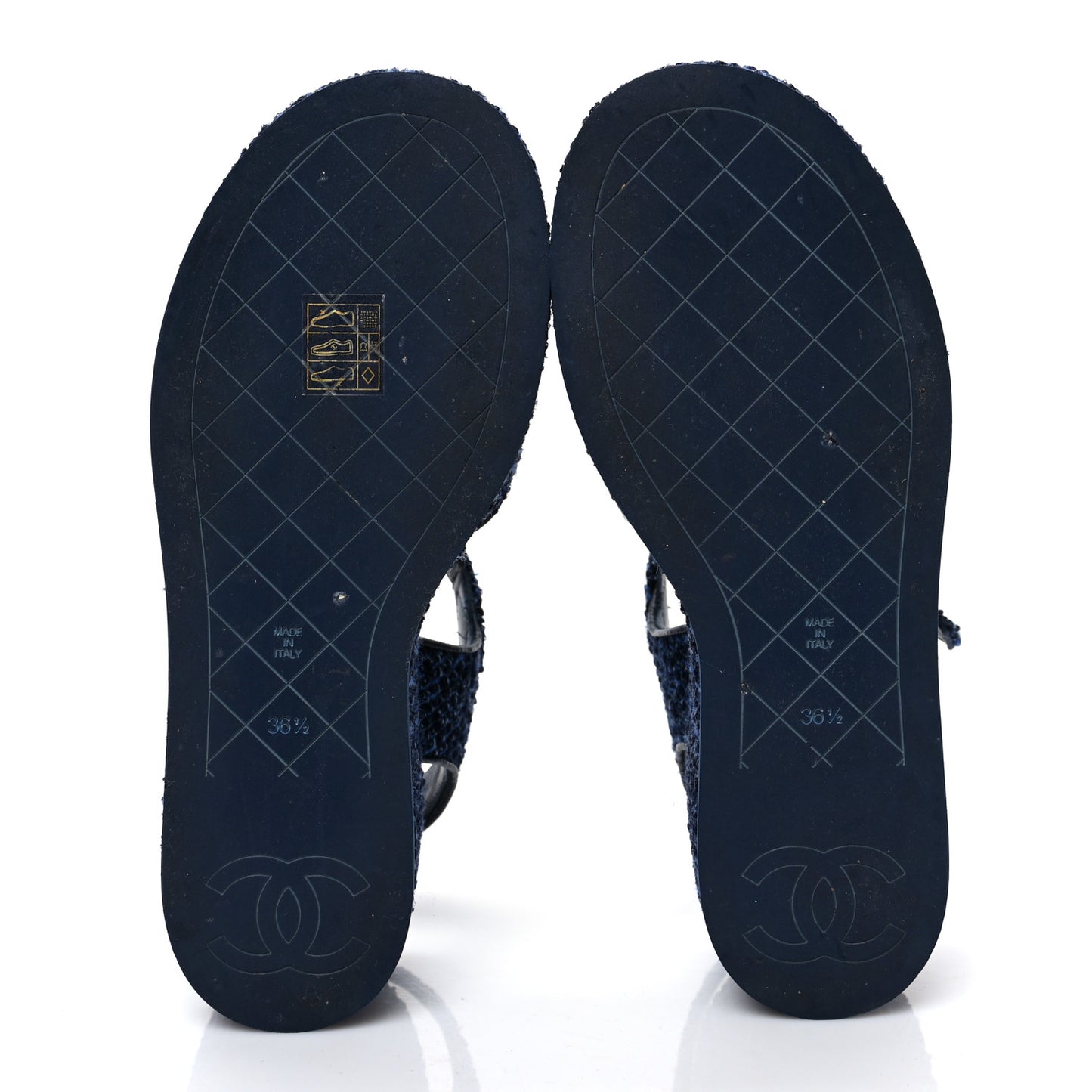 Silk Linen Tweed Quilted CC Platform Sandals 36.5 Navy Blue Gray