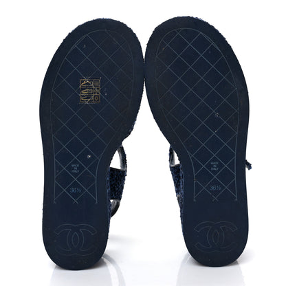Chanel Silk Linen Tweed Quilted CC Platform Sandals 36.5 Navy Blue Gray 5 of 9