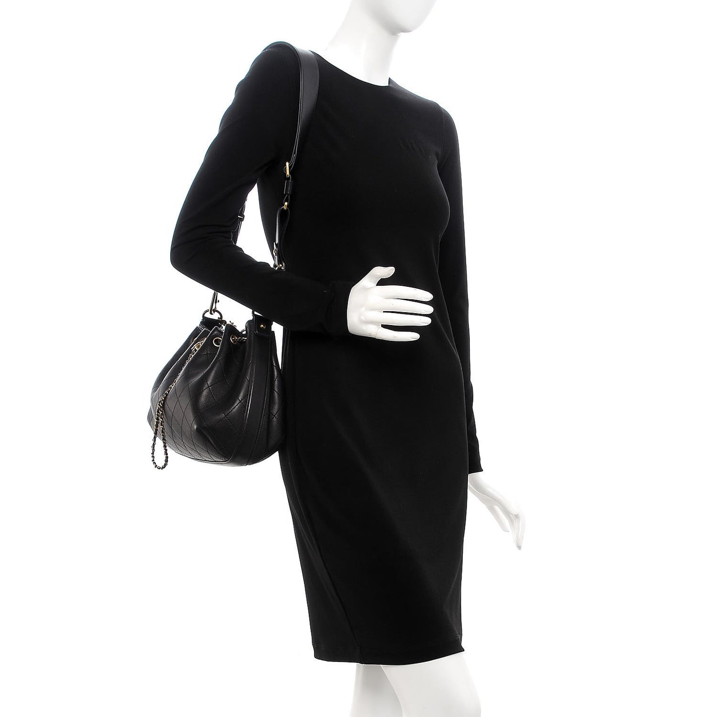 Calfskin Stitched Medium Drawstring CC Bag Black