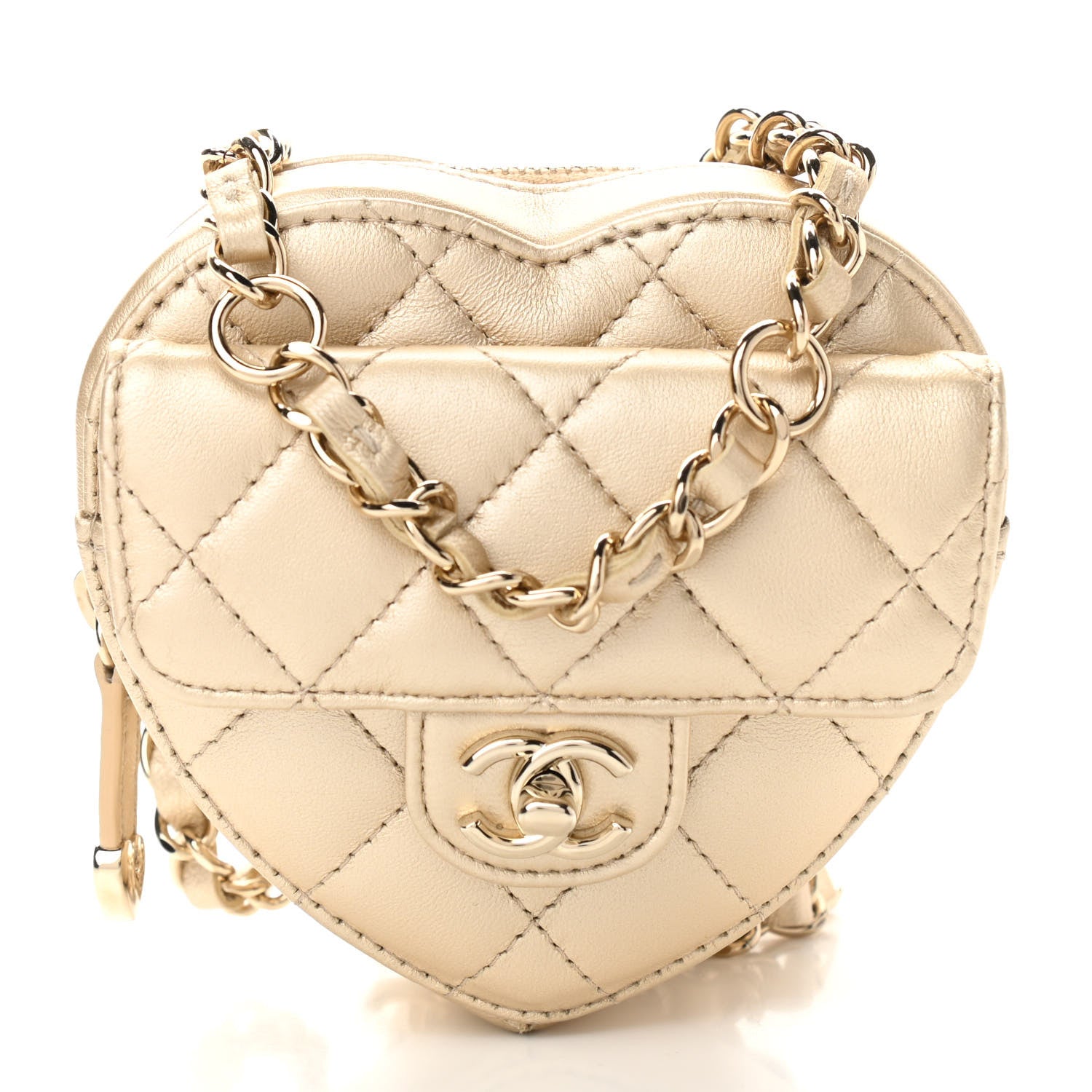 Chanel Metallic Lambskin Quilted CC In Love Heart Waist Belt Bag With Chain Gold 1 of 11