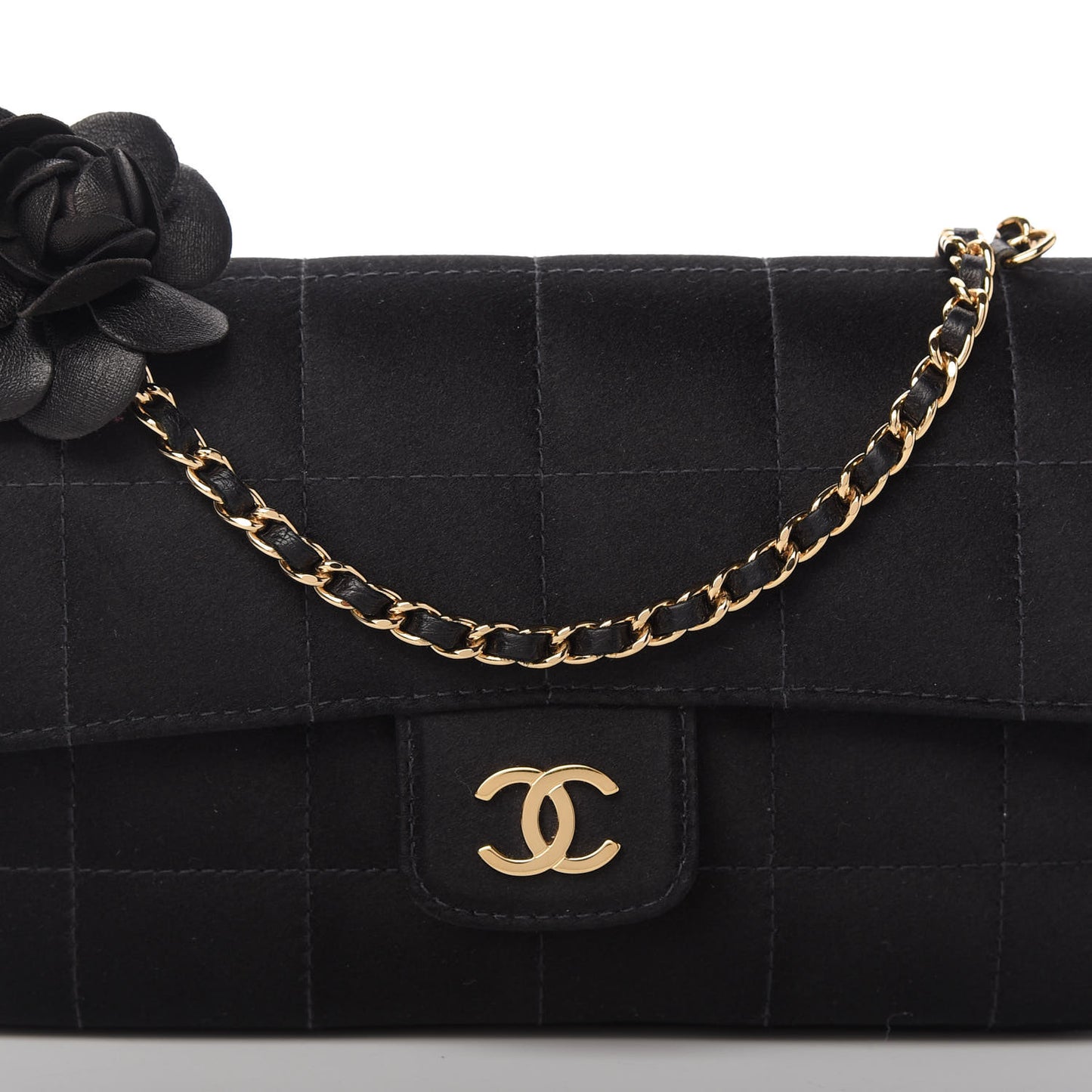 Satin Chocolate Bar Quilted Camellia Rectangular Mini Flap Black