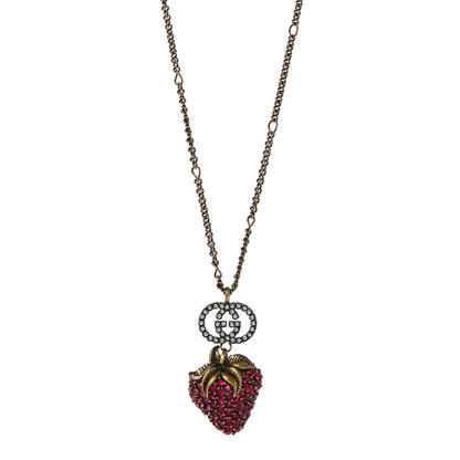 Gucci Crystal Embellished Strawberry Necklace Red Aged Gold 1 of 10