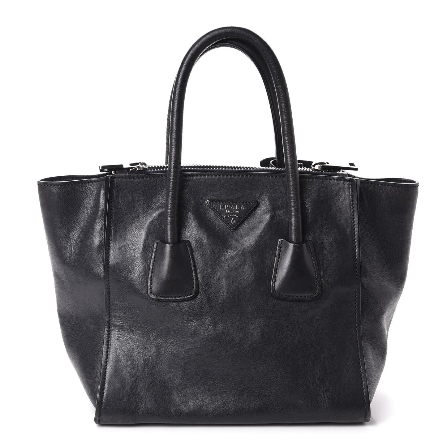 Glace Calf Small Twin Pocket Tote Black