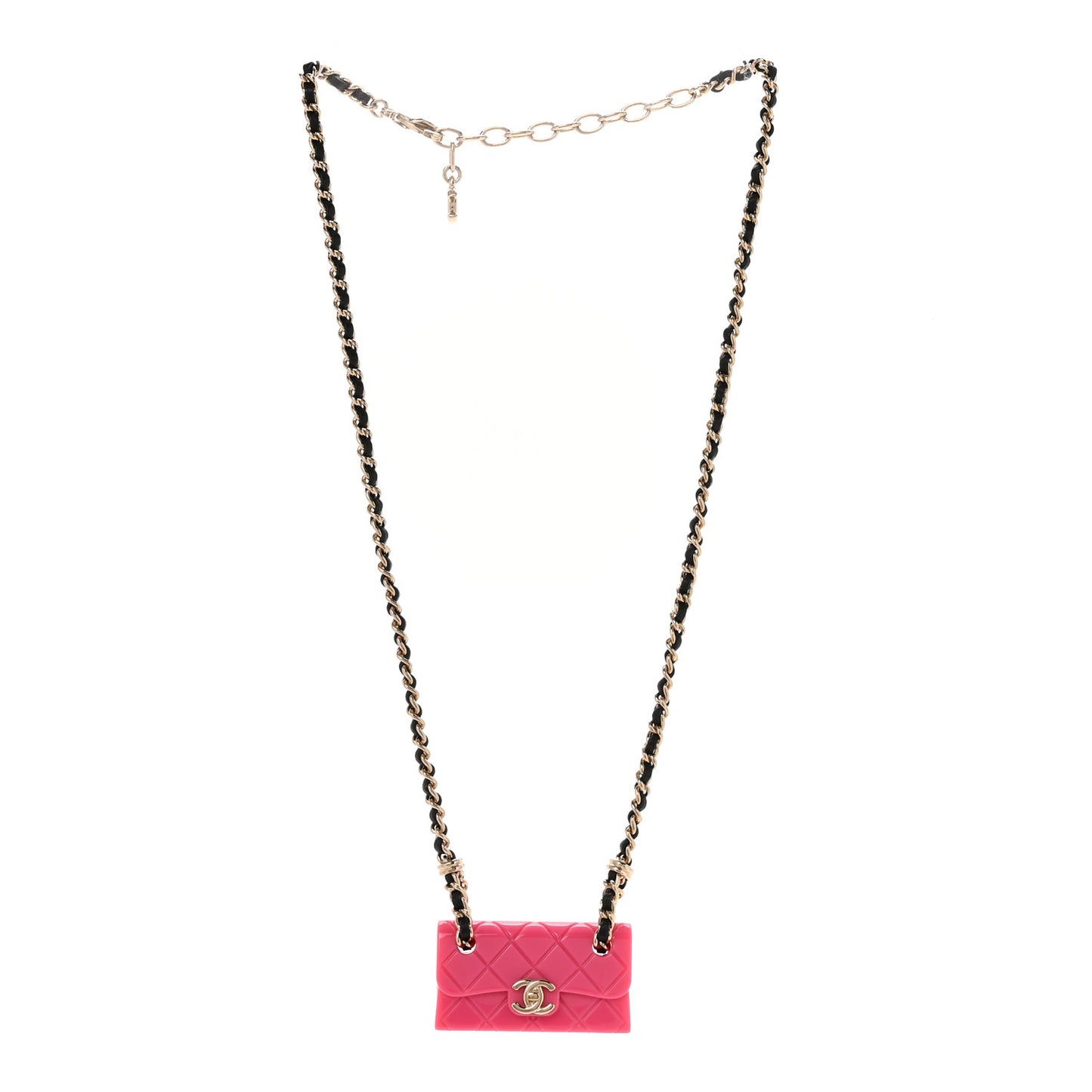 Metal Resin Lambskin Flap Bag Long Necklace Golden Pink Black