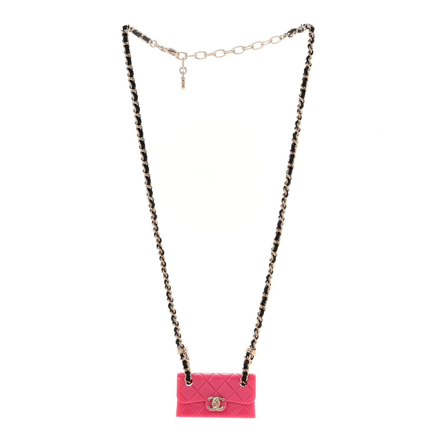 Chanel Metal Resin Lambskin Flap Bag Long Necklace Golden Pink Black 3 of 7