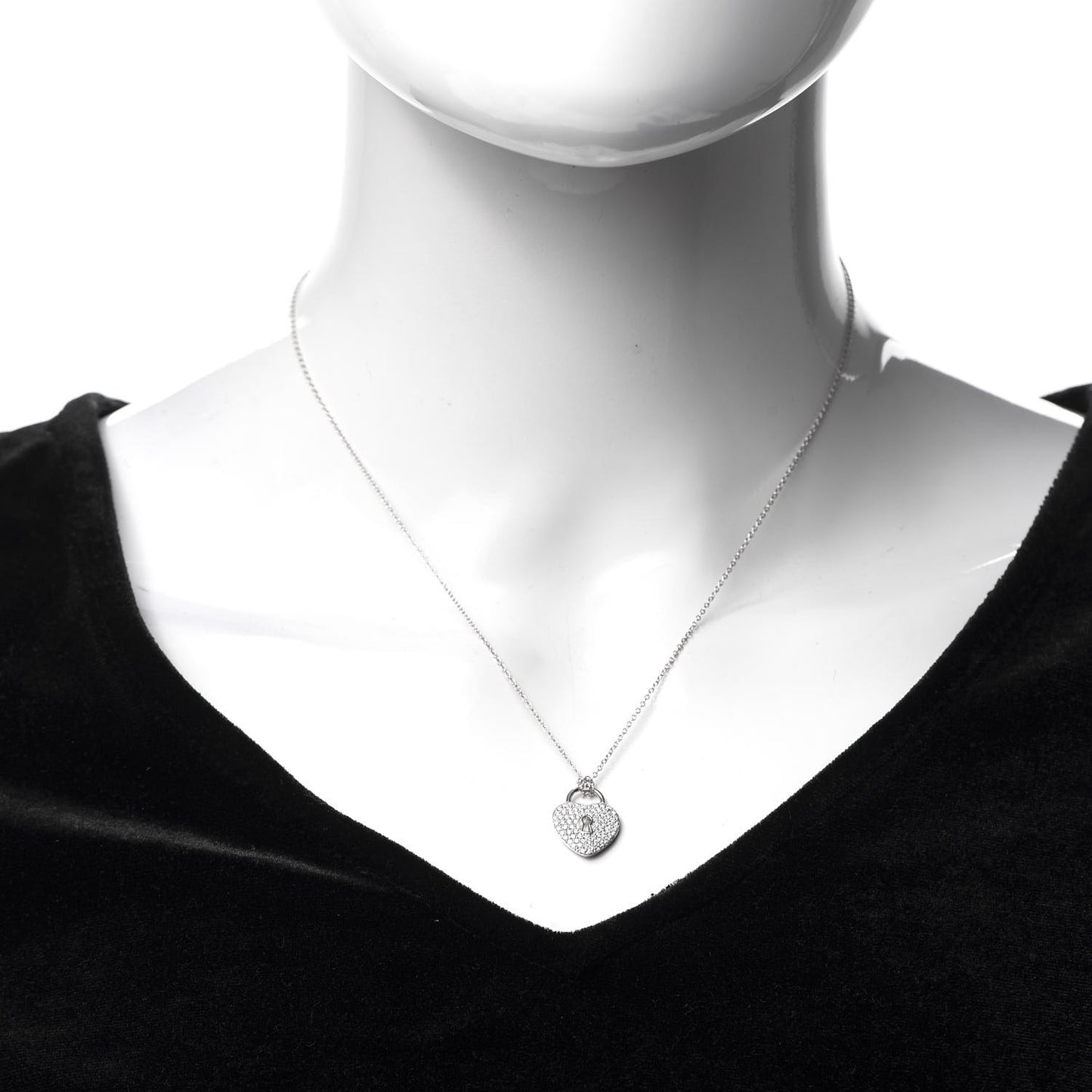 18K White Gold Platinum Diamond Medium Heart Lock Pendant Necklace