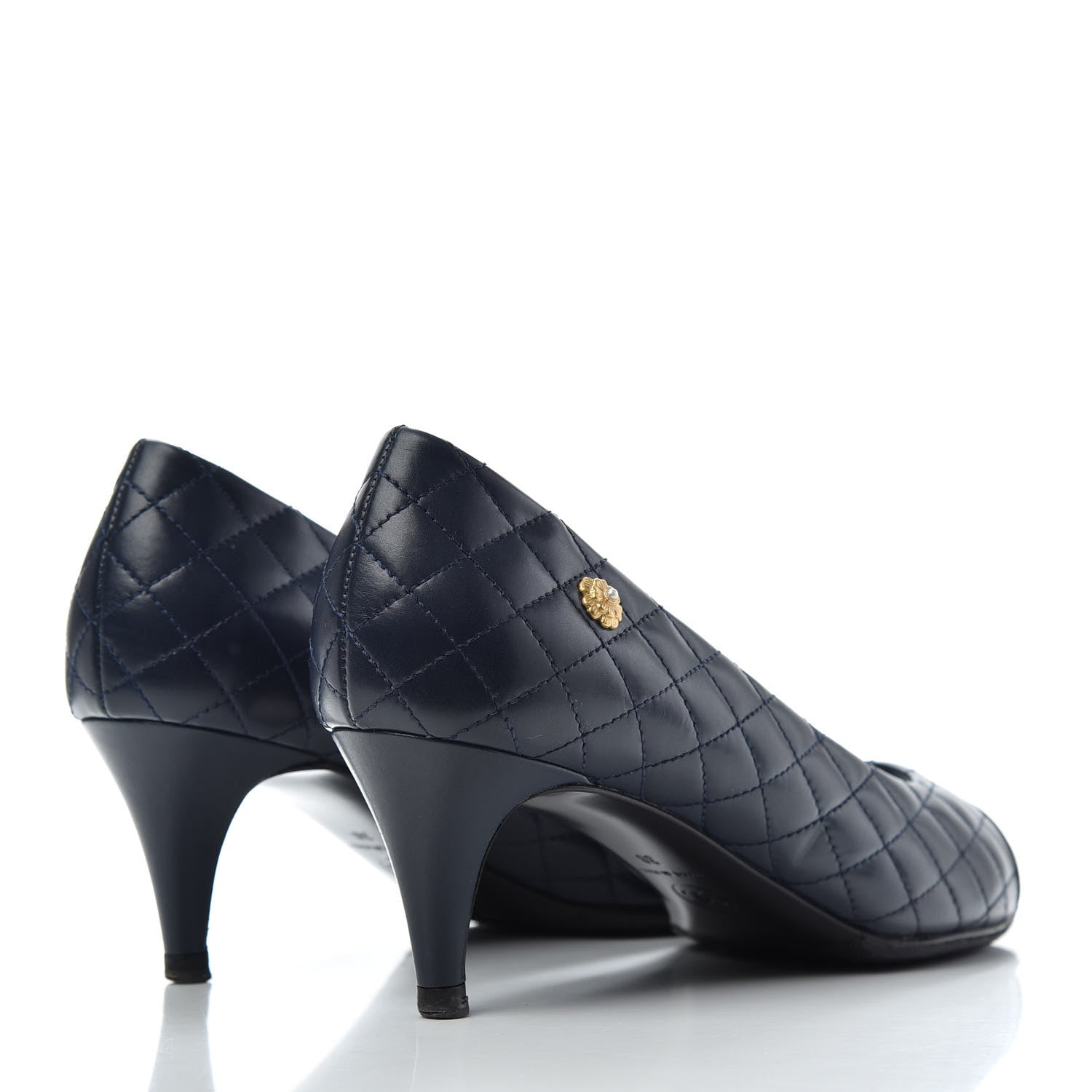 Chanel Calfskin Quilted Cap Toe Camellia Pumps 38 Navy Black 4 of 11