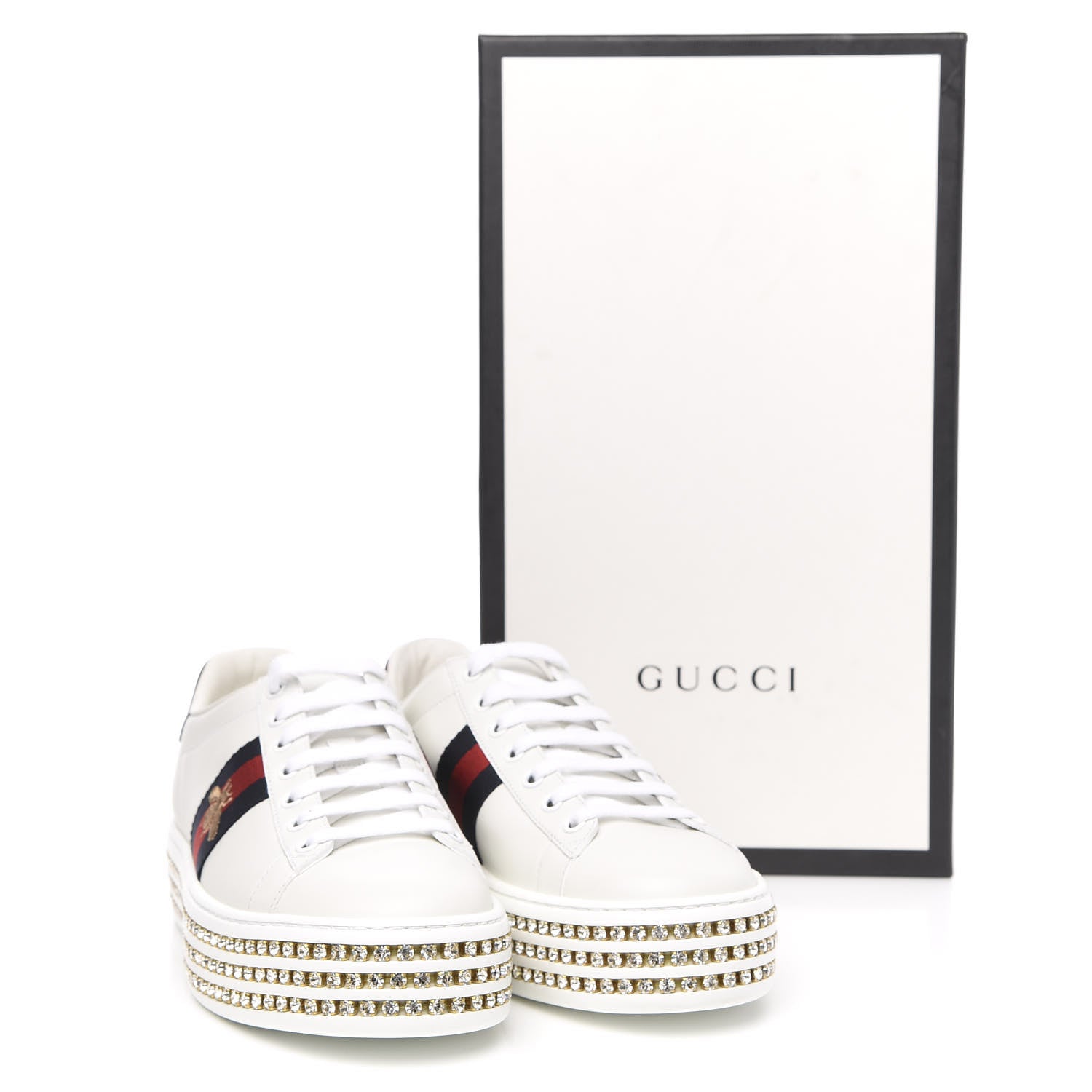 Gucci Calfskin Crystal Web Bee Embroidered Womens Ace Platform Sneakers 38.5 White 9 of 9