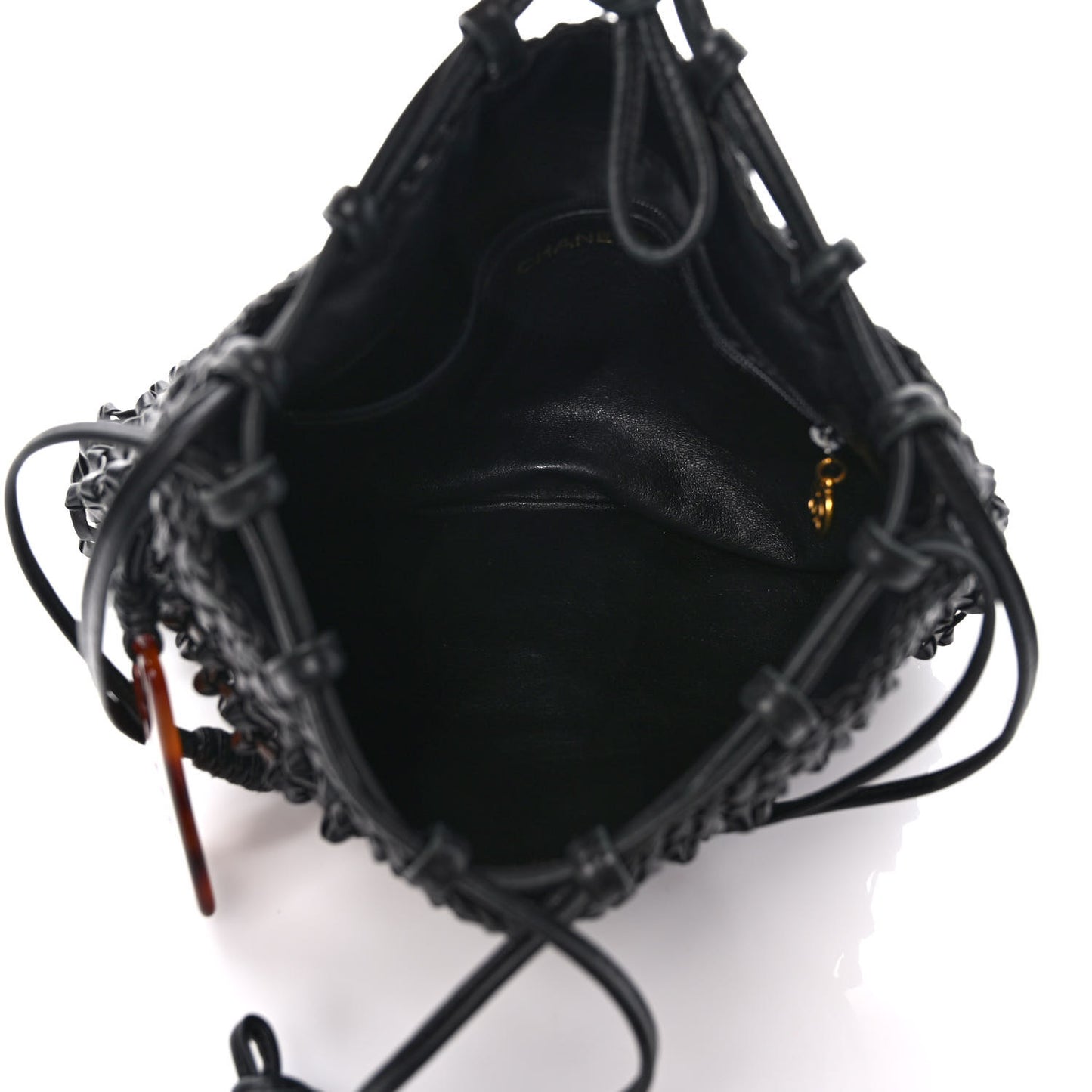 Lambskin Woven Tortoise Drawstring Pouch Bag Black