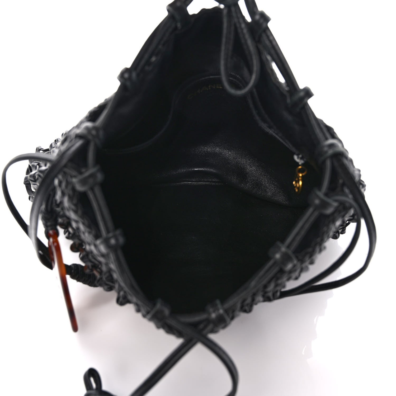 Chanel Lambskin Woven Tortoise Drawstring Pouch Bag Black 4 of 8