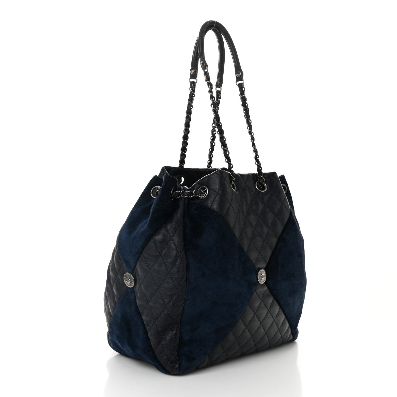 Chanel Goatskin Suede Calfskin Quilted Patchwork Drawstring Bag Blue 3 of 10
