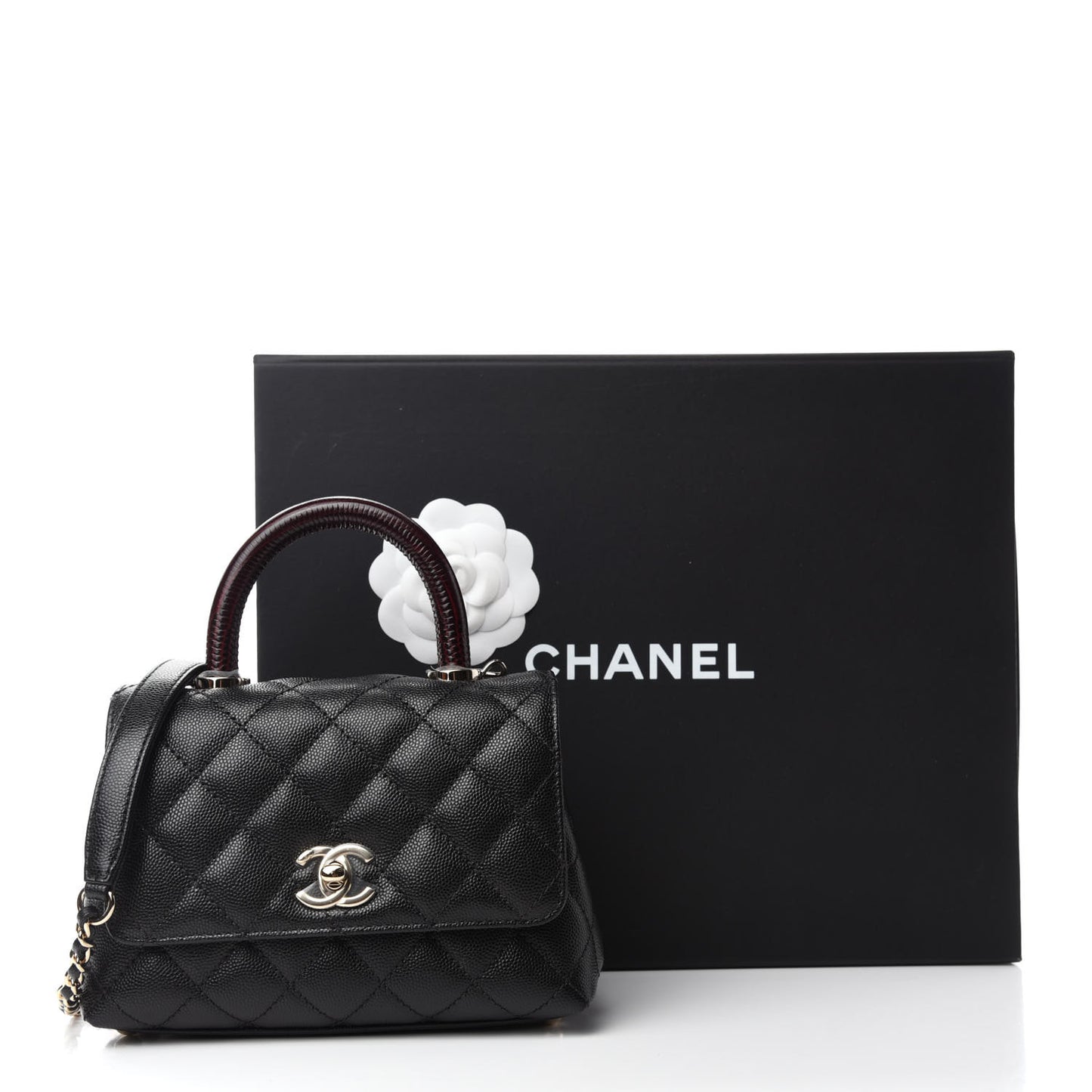 Caviar Lizard Embossed Quilted Extra Mini Coco Handle Flap Black