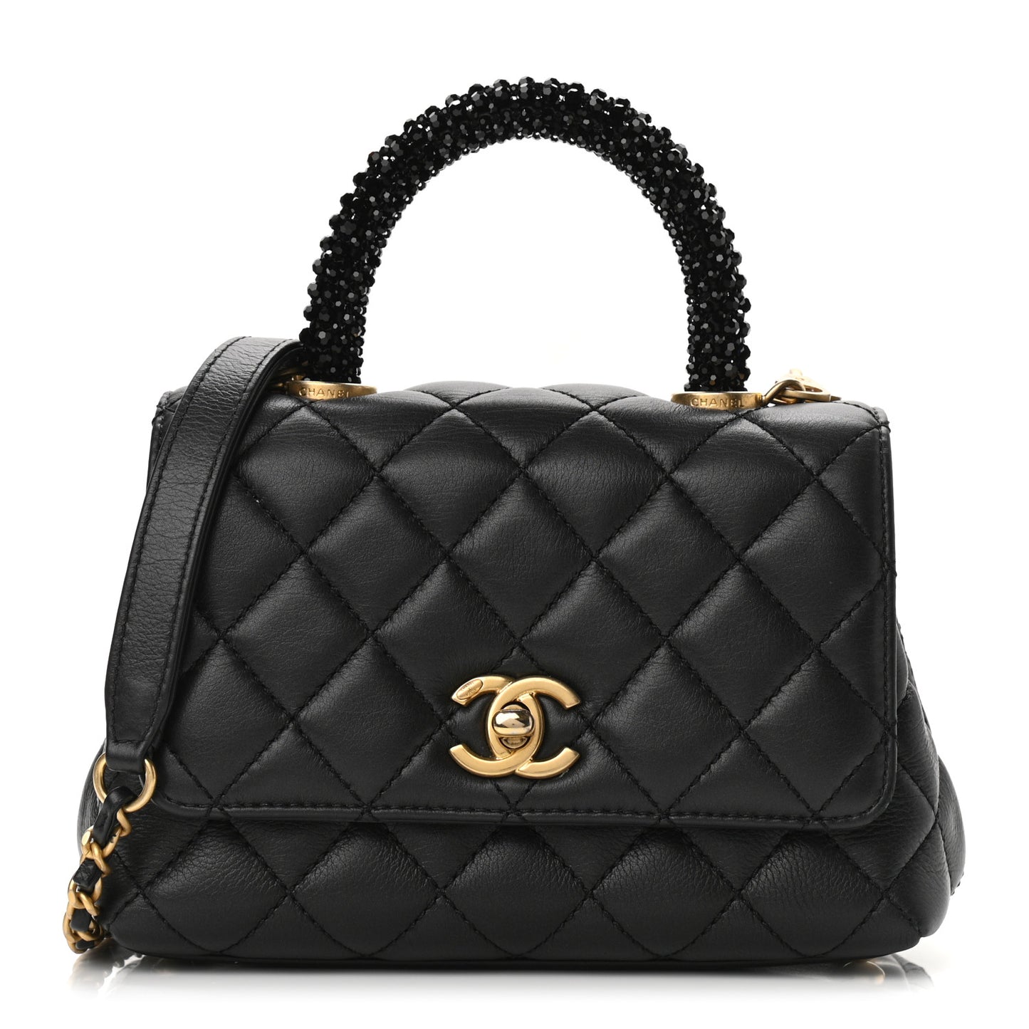 Calfskin Crystal Quilted Mini Coco Handle Flap Black Black