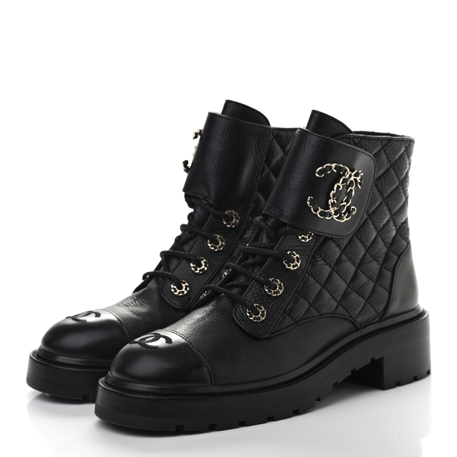 Chanel Shiny Goatskin Calfskin Quilted Lace Up Combat Boots 39 Black 3 of 7