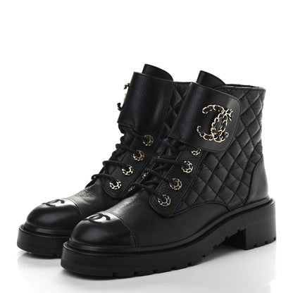 Chanel Shiny Goatskin Calfskin Quilted Lace Up Combat Boots 39 Black 3 of 7