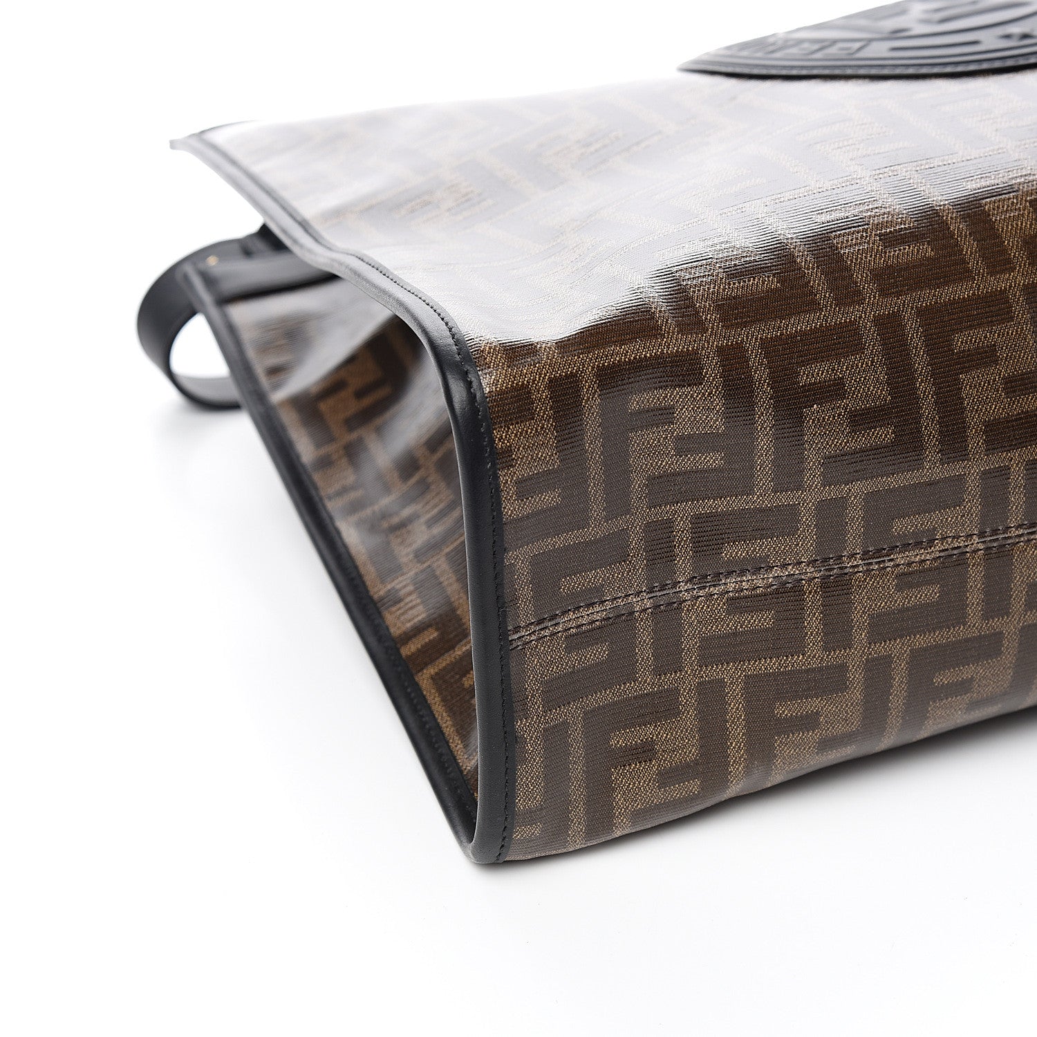 Fendi Glazed Fabric Vitello Century Plexiglass FF 1974 Stamp Patch Medium Runaway Shopper Tote Mogano Panna Black 7 of 9