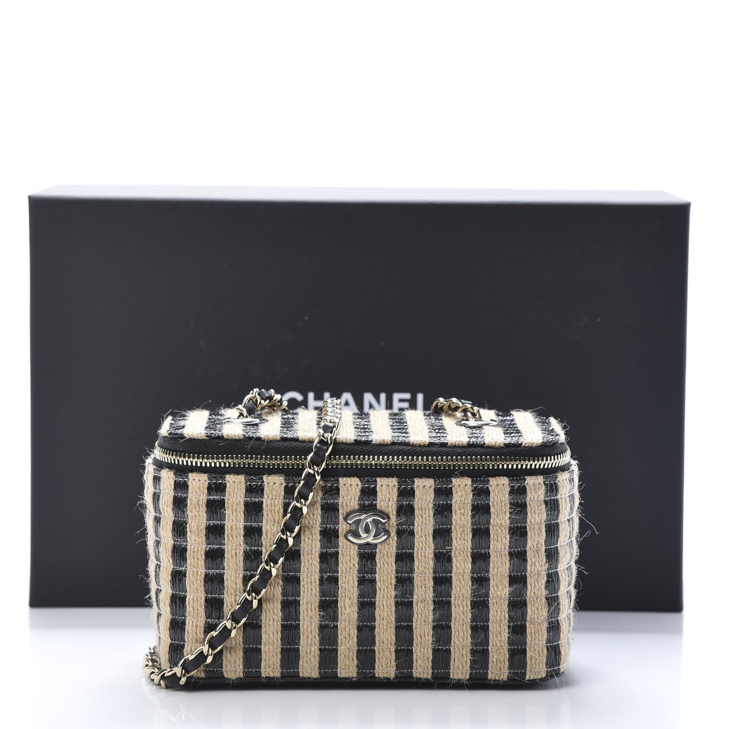 Raffia Jute Striped Small Vanity Case With Chain Black Beige