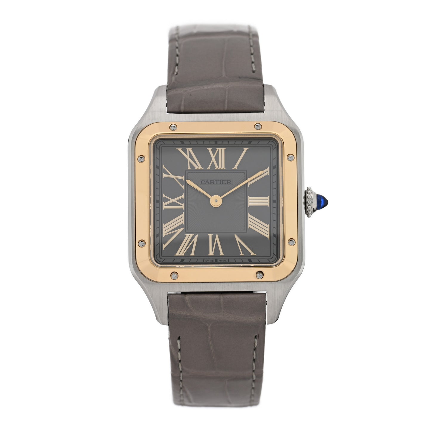 Stainless Steel 18K Yellow Gold Alligator 31.4mm Santos Dumont Quartz Watch Grey
