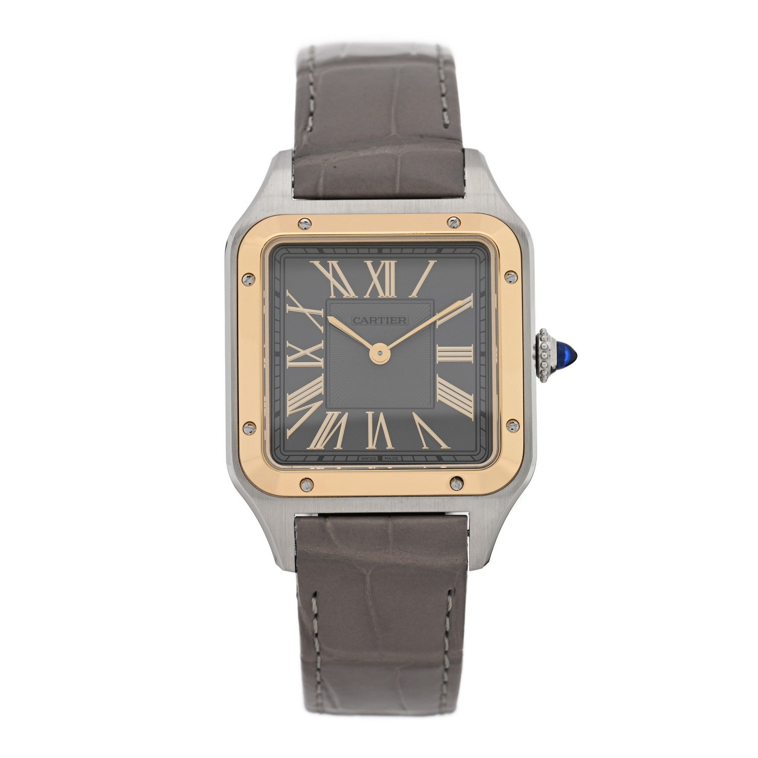Cartier Stainless Steel 18K Yellow Gold Alligator 31.4mm Santos Dumont Quartz Watch Grey 1 of 5