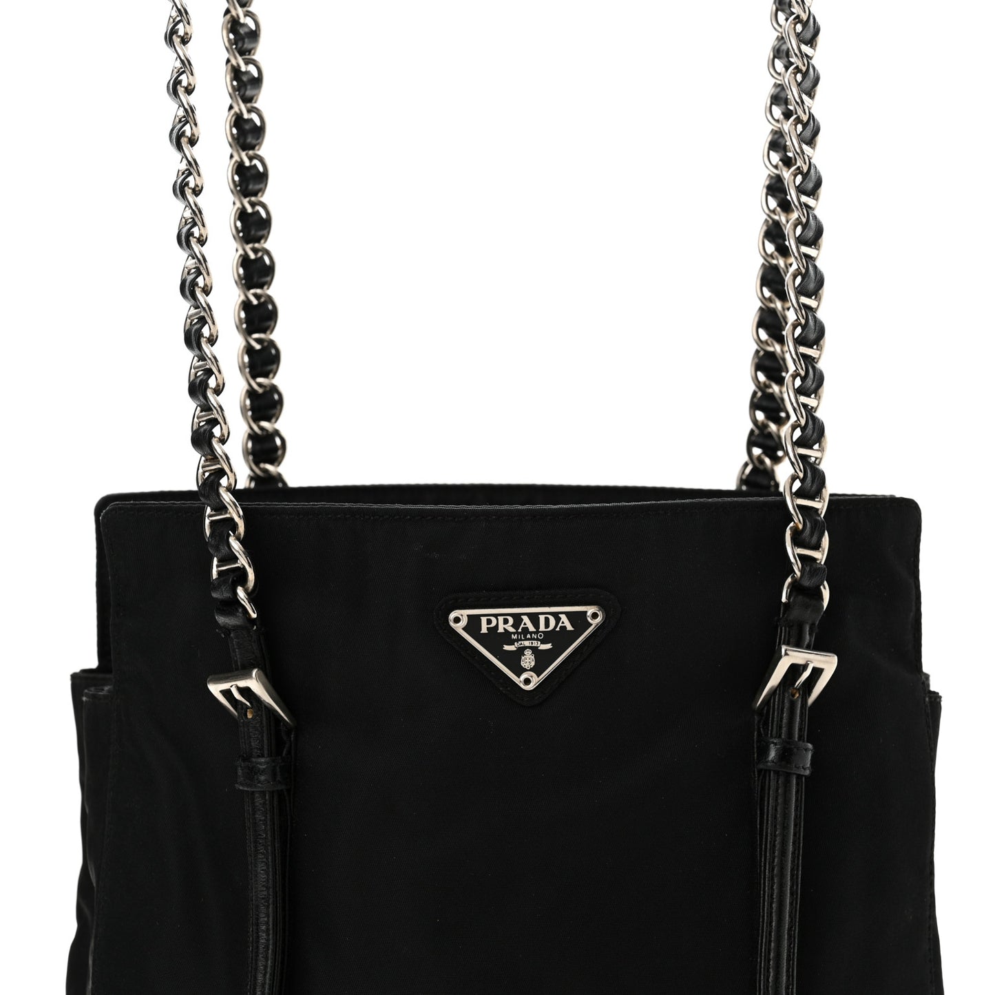 Tessuto Nylon Acciaio Chain Shoulder Bag Black