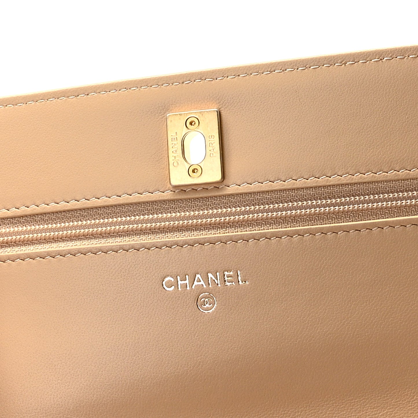 Lambskin Quilted CC Pearl Crush Wallet on Chain WOC Beige