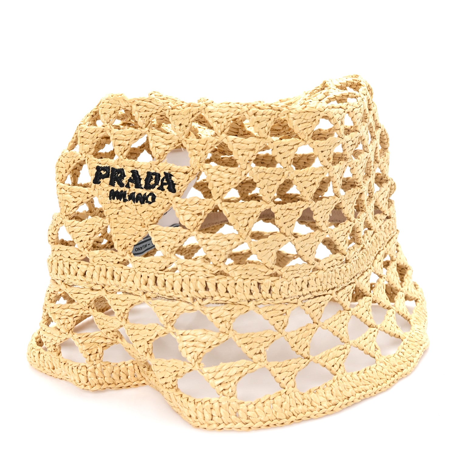 Prada Raffia Effect Crochet Logo Embroidered Bucket Hat M Naturale 1 of 9