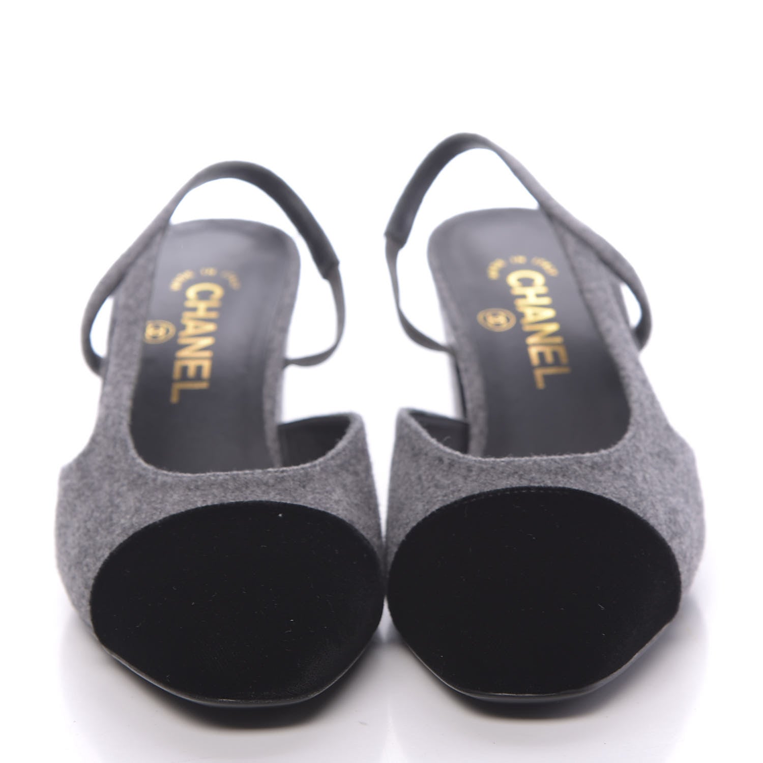 Chanel Wool Velvet Cap Toe CC Slingback Pumps 38 Black Grey 2 of 9