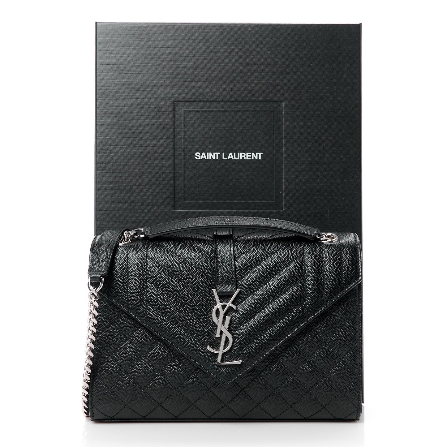 SAINT LAURENT Grain De Poudre Textured Mixed Matelasse Triquilt Medium Monogram Satchel Black