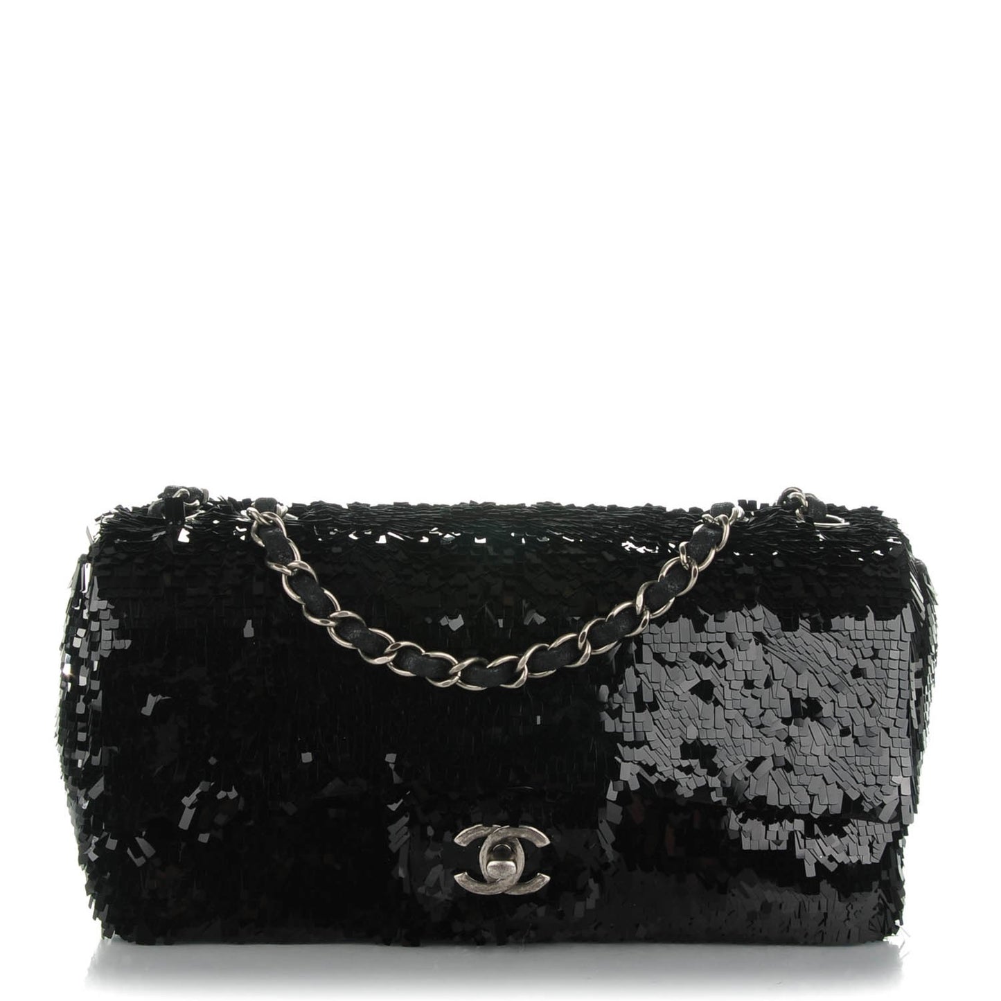 Sequin Embroidered Medium Single Flap Black