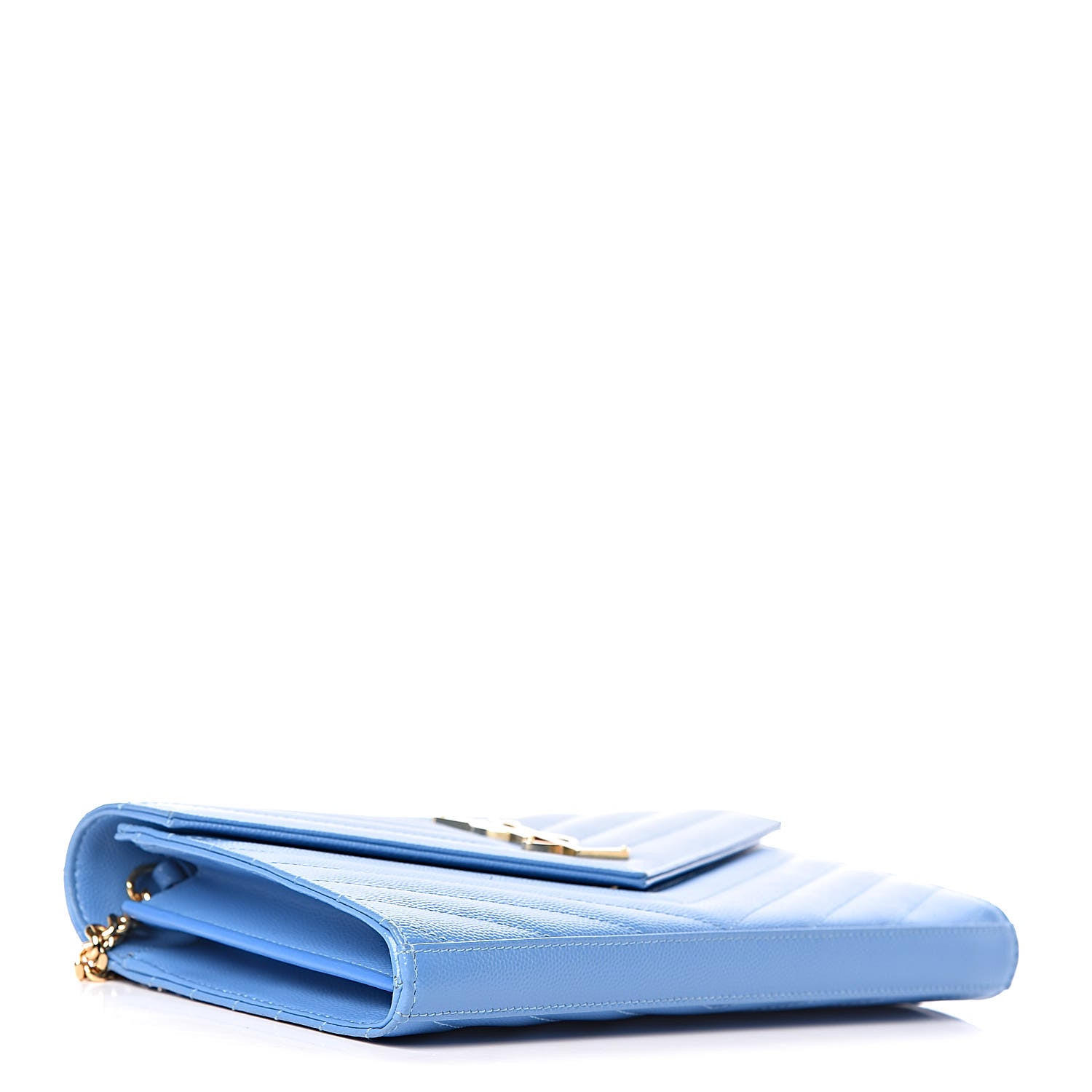 Saint Laurent Grain De Poudre Matelasse Chevron Monogram Chain Wallet Blue Clair 4 of 13