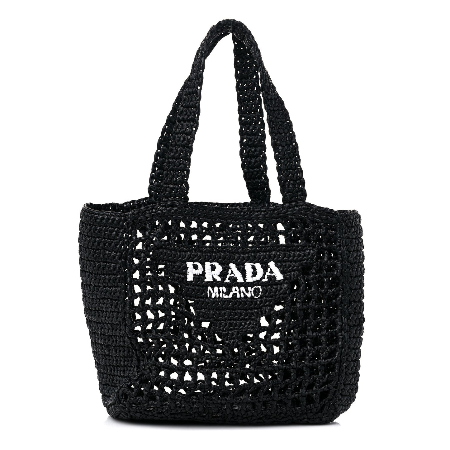 Yarn Raffia Effect Crochet Logo Embroidered Small Tote Bag Black