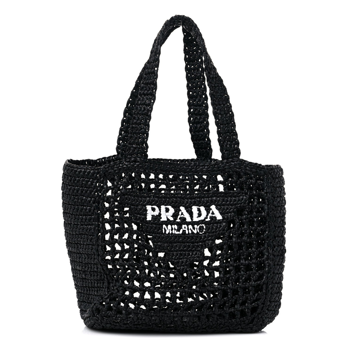 Prada Yarn Raffia Effect Crochet Logo Embroidered Small Tote Bag Black 1 of 8