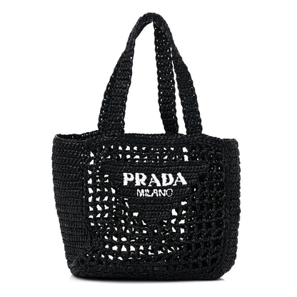 Prada Yarn Raffia Effect Crochet Logo Embroidered Small Tote Bag Black 1 of 8