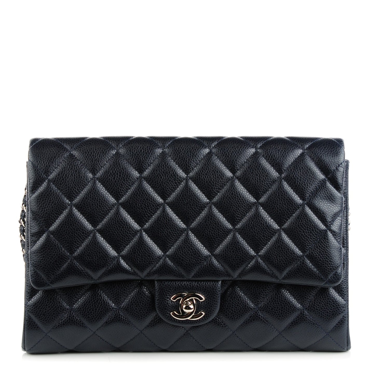 Caviar Quilted Clutch With Chain Flap Navy Blue